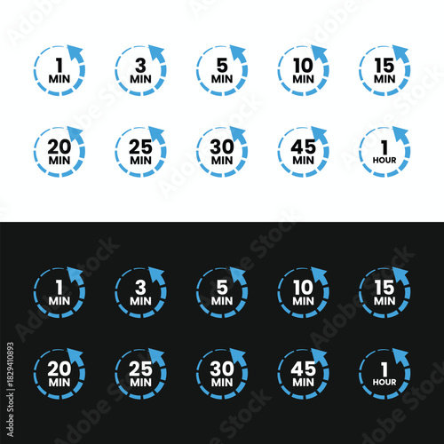 A collection of circular countdown timer icons representing various time durations from 1 minute to 1 hour. Designed with a minimal blue rotating arrow style, suitable for UI/UX.