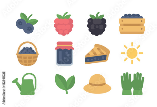 Garden harvest icons: berries, basket, jam jar, pie, sun, tools, and leaves