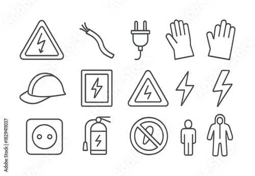 Electrical safety icon set with gloves, helmet, and warning symbols