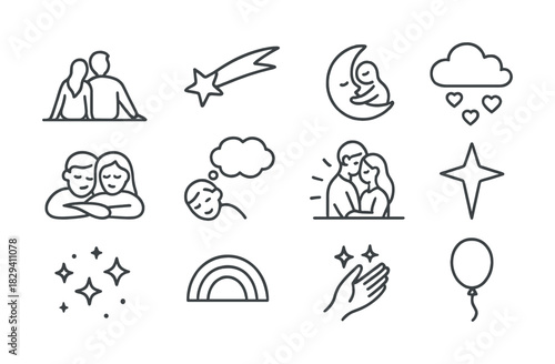 Romantic and dreamy icons: couples, stars, moon, and more