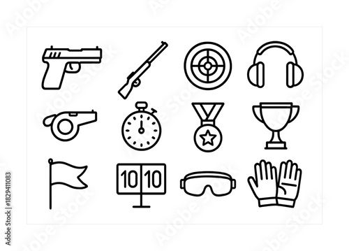 Shooting sports icons: pistol, rifle, target, headphones, whistle, stopwatch, medal, trophy