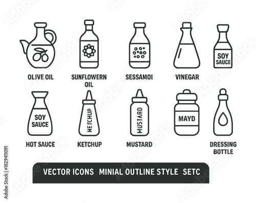 Icon set of various sauce and oil bottles in minimal outline style