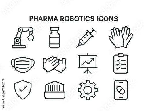 Pharma robotics icons: automation symbols for medical and industrial applications