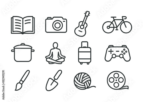 Icons set: book camera guitar bicycle cooking meditation travel gaming art gardening yarn film