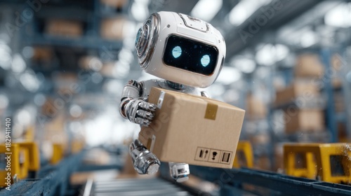 Robot with package working in distribution center logistics concept