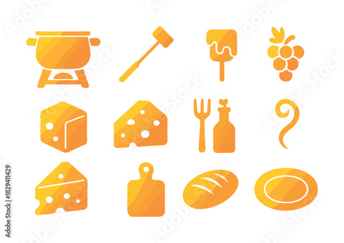 Cheese fondue icons: collection of food and cooking symbols in orange