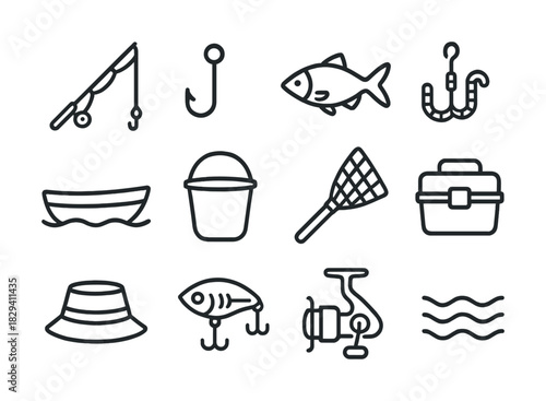 Fishing gear icons: rod, hook, fish, bucket, boat, net, tackle box, hat