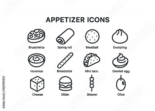 Appetizer icons: bruschetta, spring roll, meatball, and more delicious snacks