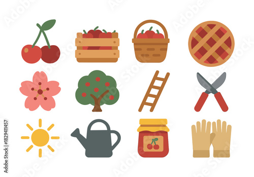 Colorful garden tools and fresh produce icons including fruits and gardening equipment