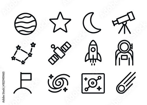 Space exploration icons: planets, telescope, rocket, astronaut, and more
