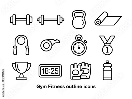 Outline icons of gym equipment and fitness accessories
