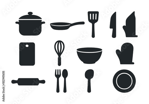 Silhouette icons of essential kitchen utensils and cookware on white background