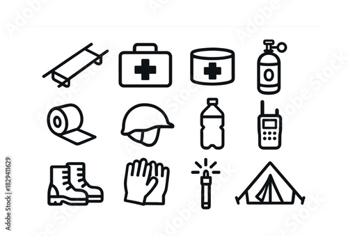 Emergency kit essentials: first aid, shelter, communication, safety equipment icons