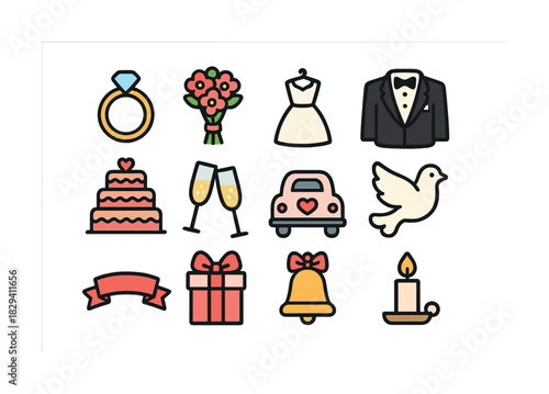 Wedding icons set with rings, dress, suit, cake, champaign, car, dove, and candle