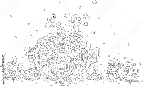 Cute little mole pulling a sledge with a funny toy snowman and talking to a small bird perching on a top of a snow-covered pumpkin house on a beautiful winter day, vector cartoon illustration