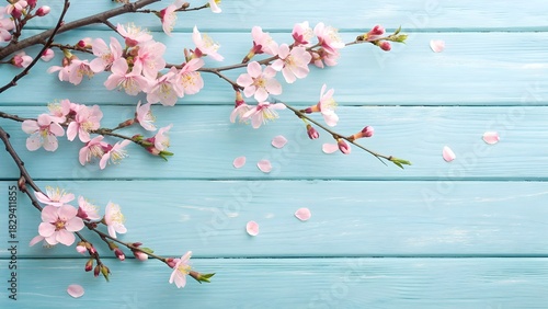 Cherry Blossoms on Pale Blue Wood for Spring
Delicate Pink Petals on a Rustic Aqua Background