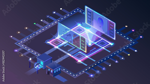 Isometric illustration of a futuristic computer chip with glowing circuits and a digital interface screen display