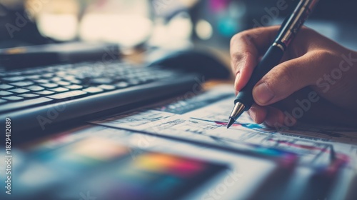 Person writing on paper with pen near computer keyboard and colorful documents