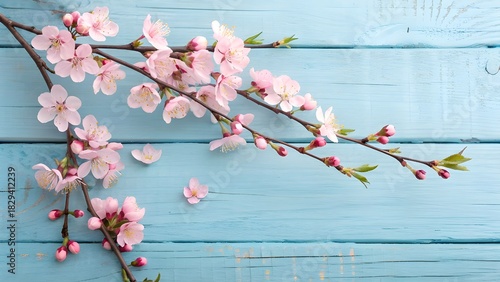 Cherry Blossoms on Pale Blue Wood for Spring
Delicate Pink Petals on a Rustic Aqua Background
