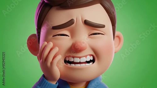 Cartoon character with painful expression against green backdrop
