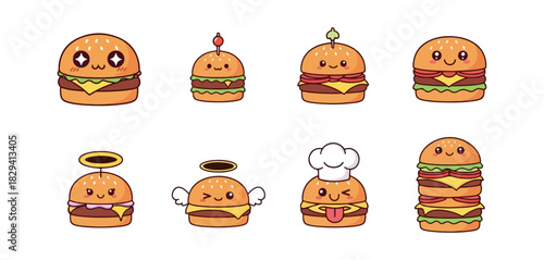 Cartoon burgers collection with various expressions and toppings isolated