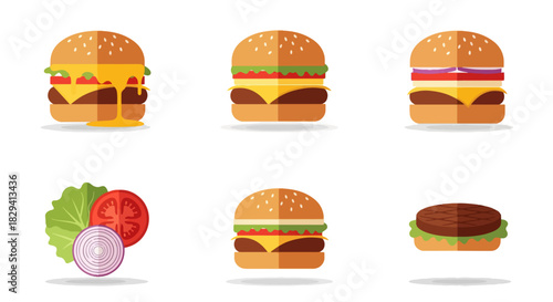 Illustrated assortment of burgers and ingredients on white background