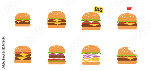 Burger variety icons with different ingredients and styles