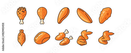 Cartoon illustration of chicken pieces isolated on black background