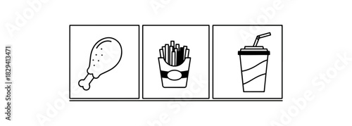 Fast food icons set isolated black and white drawings