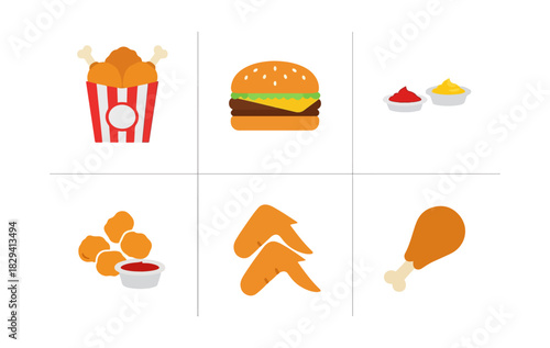 Fast food icons set hamburger chicken nuggets and drumstick