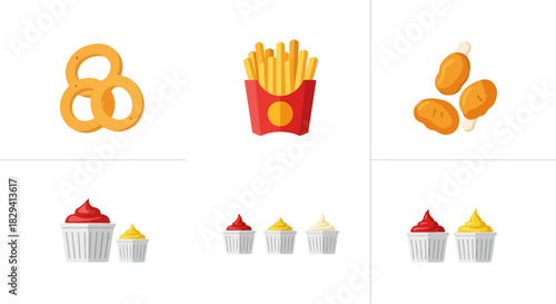 Assorted fast food icons pretzels french fries chicken nuggets dips
