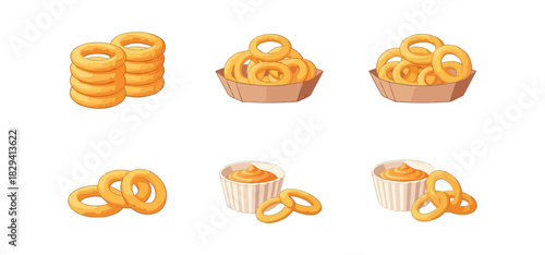 Onion rings assortment and dipping sauce illustration