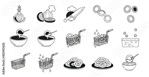 Cooking process illustration onion preparation with various kitchen tools