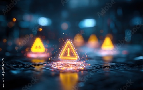 Abstract digital alert symbols with neon glow on a tech background