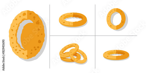 Various bagel illustrations isolated on black background for design projects