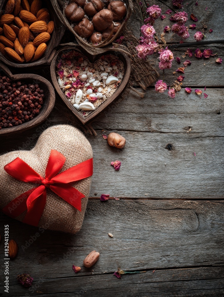 Fototapeta premium valentines day background gift concept mothers day romance or 8 march pleasant top view copy space for text food background rustic no logos no brands ar 34