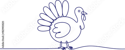 Single line drawing of a turkey in blue on white background