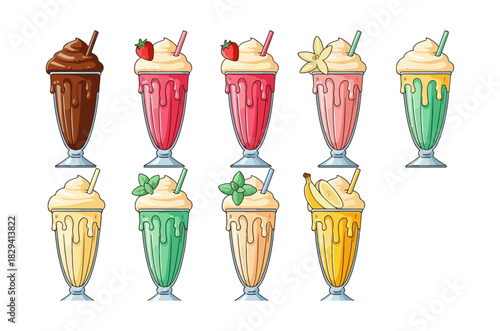 Variety of milkshakes displayed in elegant tall glasses on white background