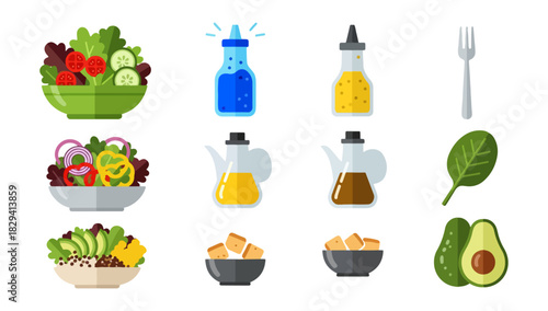 Healthy food assortment salads dressings and ingredients on black background