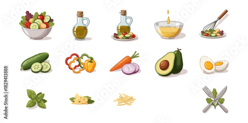 Fresh salad ingredients and preparation illustrated