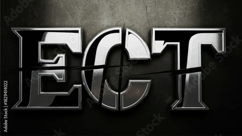 Split metallic chrome text ECT dark background