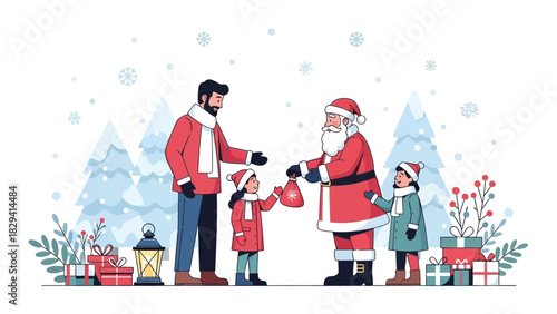 Santa Claus giving gifts to children with their father during Christmas celebration.