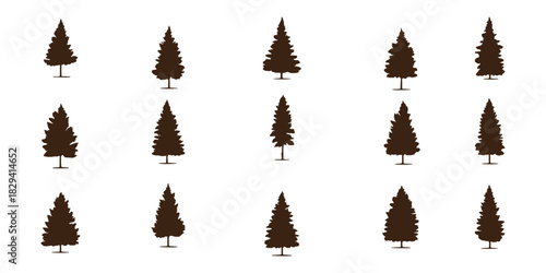 Fir trees silhouettes set. Coniferous spruce horizontal background patterns, black evergreen woods vector illustration. Beautiful hand drawn panorama with treetops forest. Black pine woods