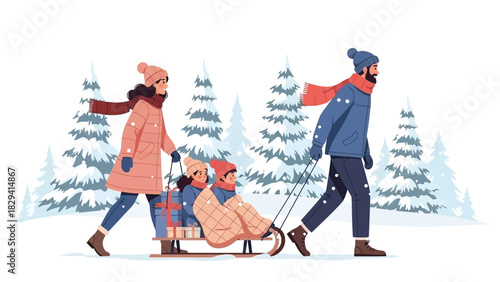 Family enjoying winter activities, parents pulling children on a sled through the snow.