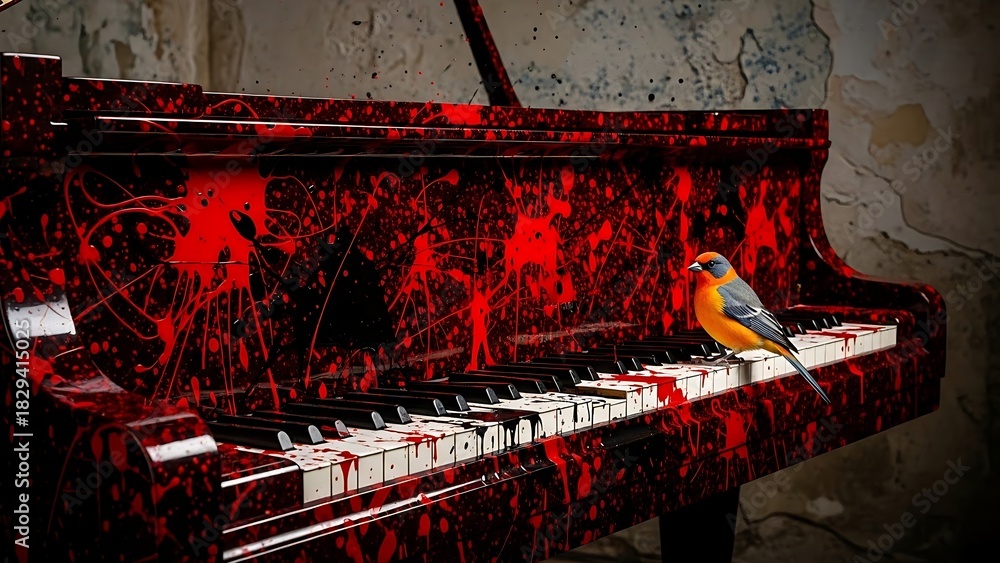 Naklejka premium Creative concept showing a colorful bird on a piano covered in red artistic paint marks.