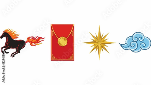 Diverse Symbols Fiery Horse, Lucky Red Envelope, Shining Star, and Whimsical Cloud