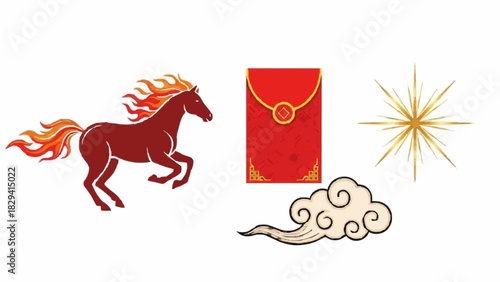 Chinese New Year Elements of Celebration - Horse, Red Envelope, Cloud, and Star Symbolism