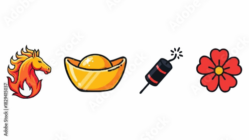 Vibrant collection of Chinese New Year icons featuring a flaming horse, gold ingot, firecracker, and blossom for festive celebrations