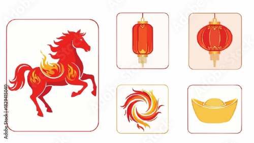 Lunar New Year Icons Auspicious Horse, Lanterns, and Prosperity Gold for Celebration