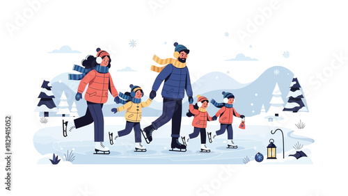 Family enjoying winter ice skating together on a frozen lake.